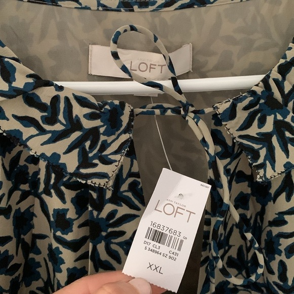 Loft Blue & Tan Floral Short Sleeve Dress- Size XXL tie neck midi NWT - Picture 2 of 10